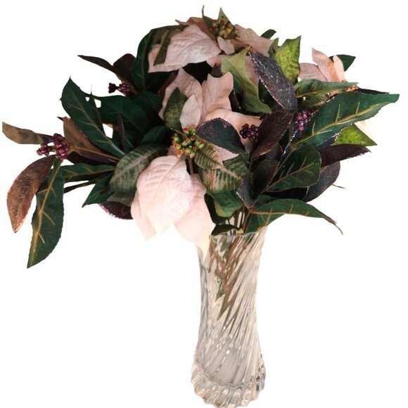 Artificial Pink Poinsettia Bouquet With Glitter Accents & Green Leaves - Picture 1 of 12